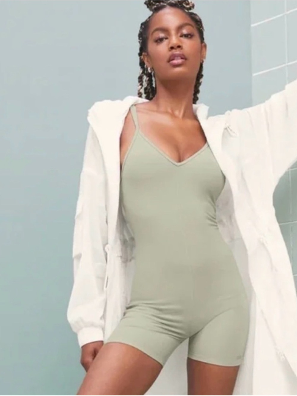 ALO Yoga Sage Green Seamless Spaghetti-Strap Bodysuit Romper